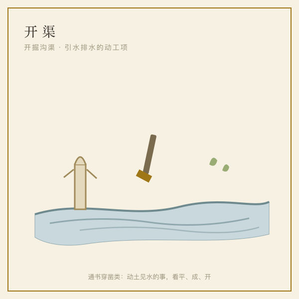 开渠插画：田埂间的新掘沟渠引水，铁锹与水流