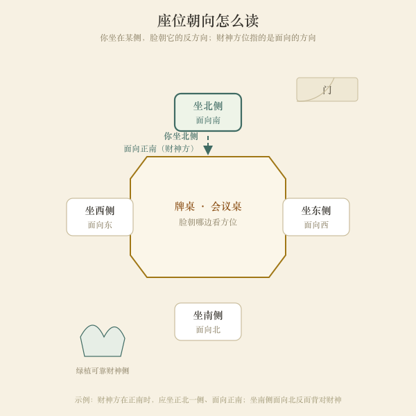方桌四座与门位示意图:标注面向财神方与背对财神方的座位