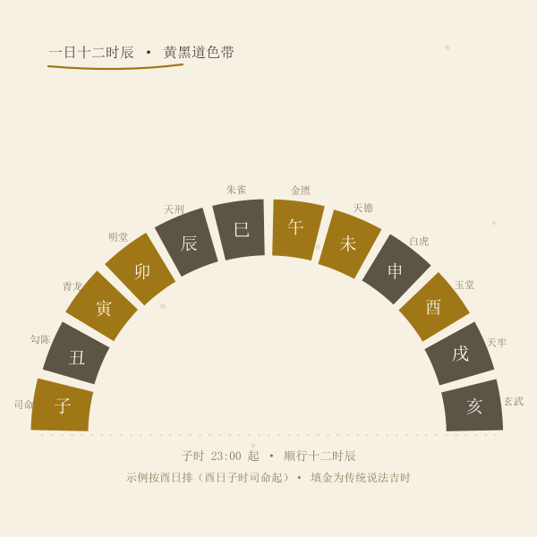十二时辰吉时色带示意:金色为黄道吉时