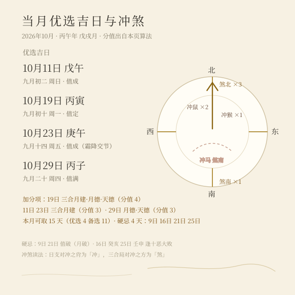 当月开业优选吉日的日柱与冲煞方位示意图