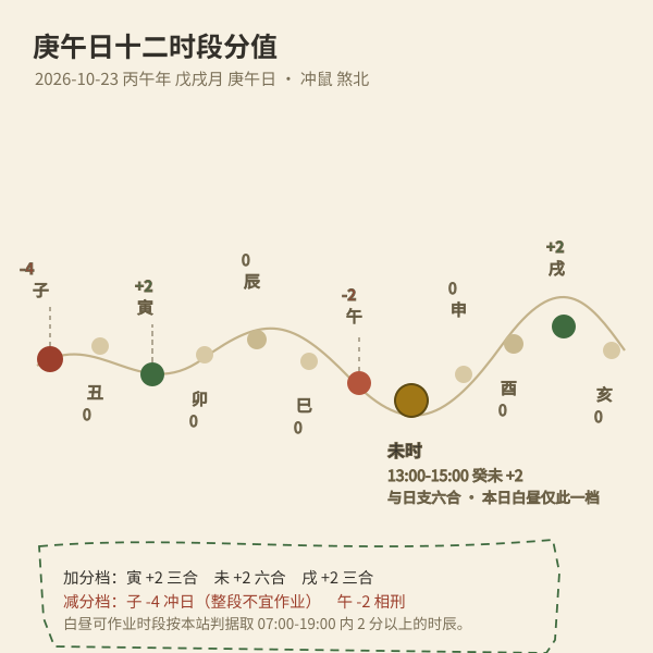 今日庚午日十二时段分值与不冲时段